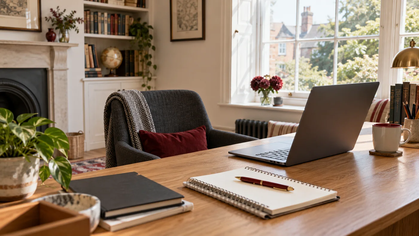 Illustrative quiet home workspace ready for an online lesson