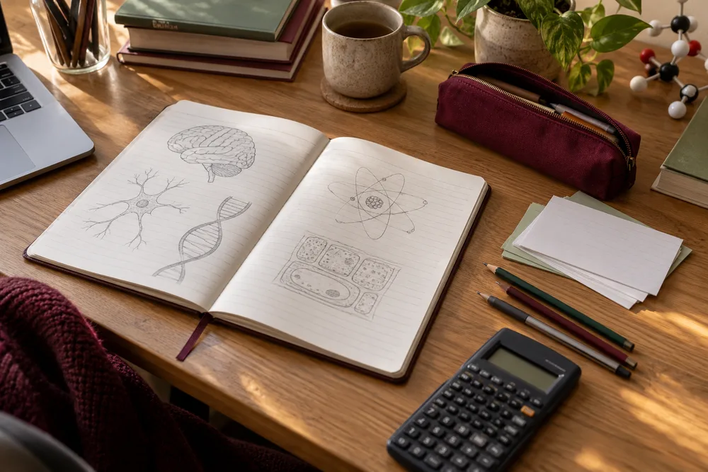Illustrative science revision desk with a notebook, revision cards and calculator